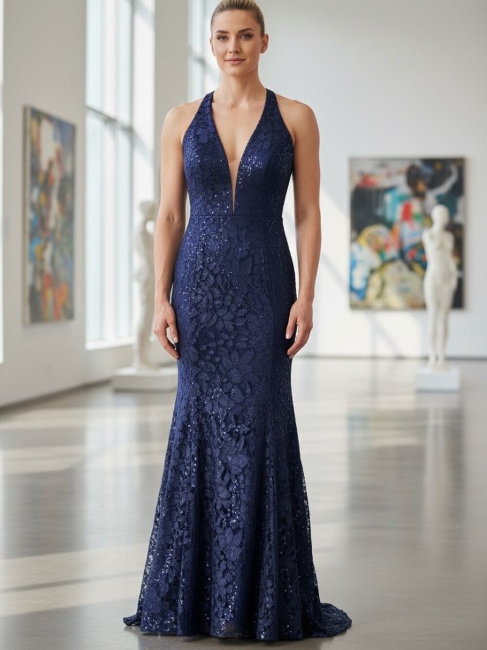 NWT iNtrigue by Blush Navy Sequin Lace Mermaid Prom Gown Size 2 Formal Evening